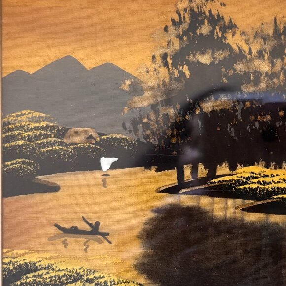 Vintage Japanese Silk Painting River Mountain Scene - Picture 2 of 5